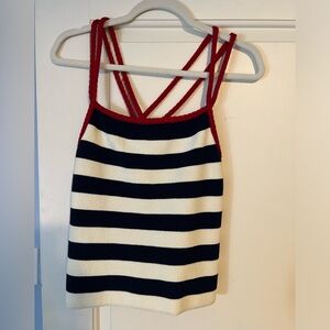 Tory Burch Navy and White Striped Top with Red Accents